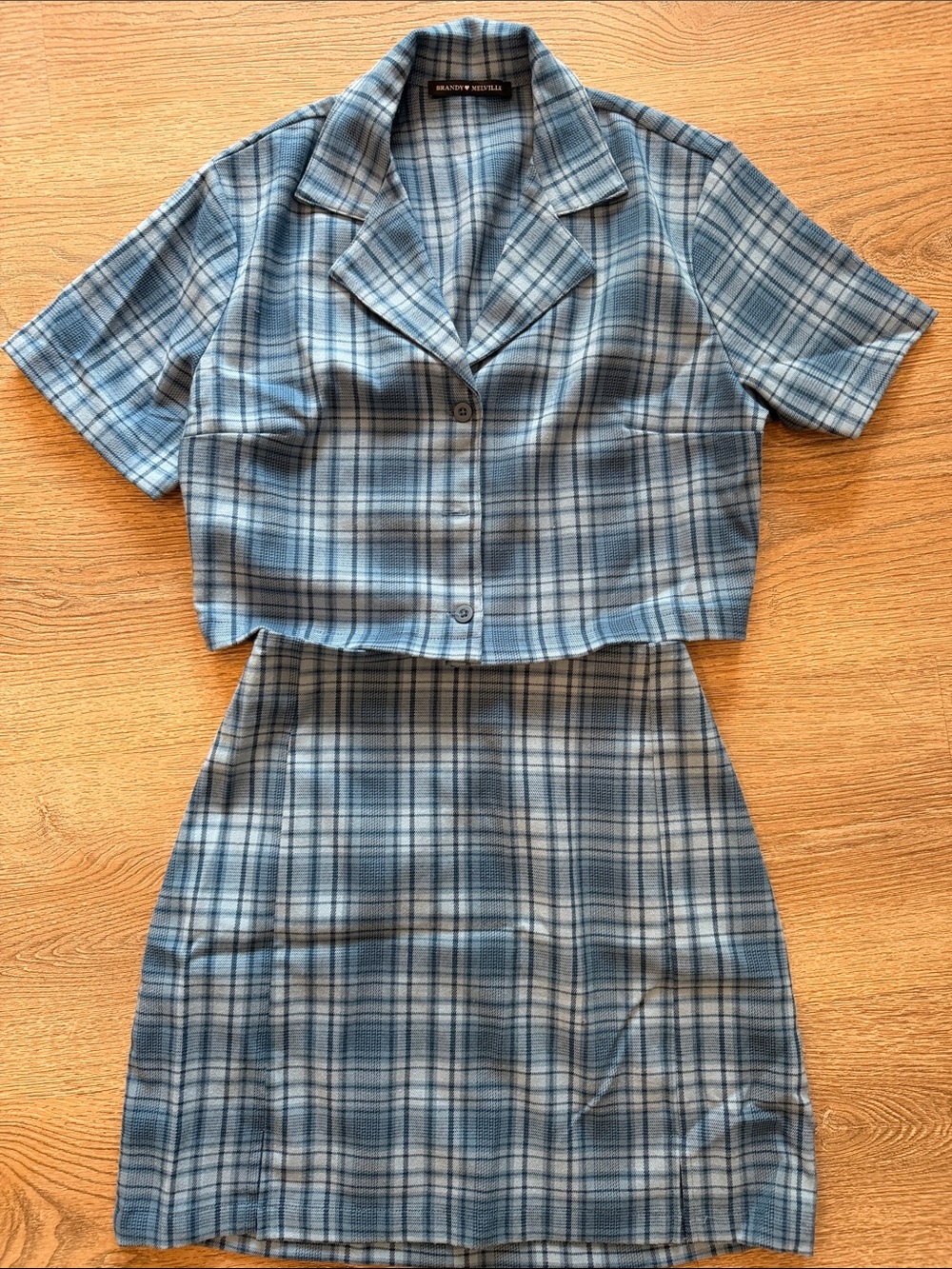 Brandy Melville Light Blue Plaid Cropped Button Top & Skirt Set